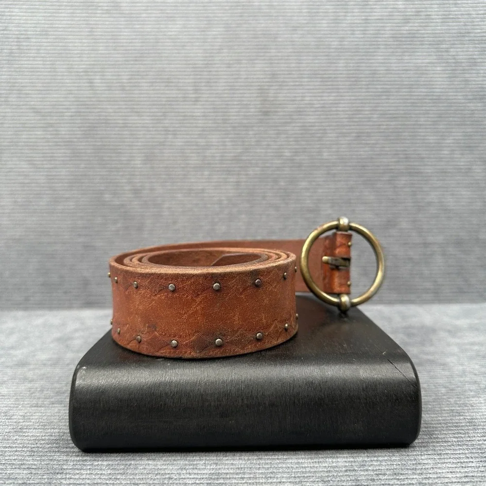 Vintage Brown Studded Leather Belt Brass O-Ring Buckle Western Boho 42 Inch